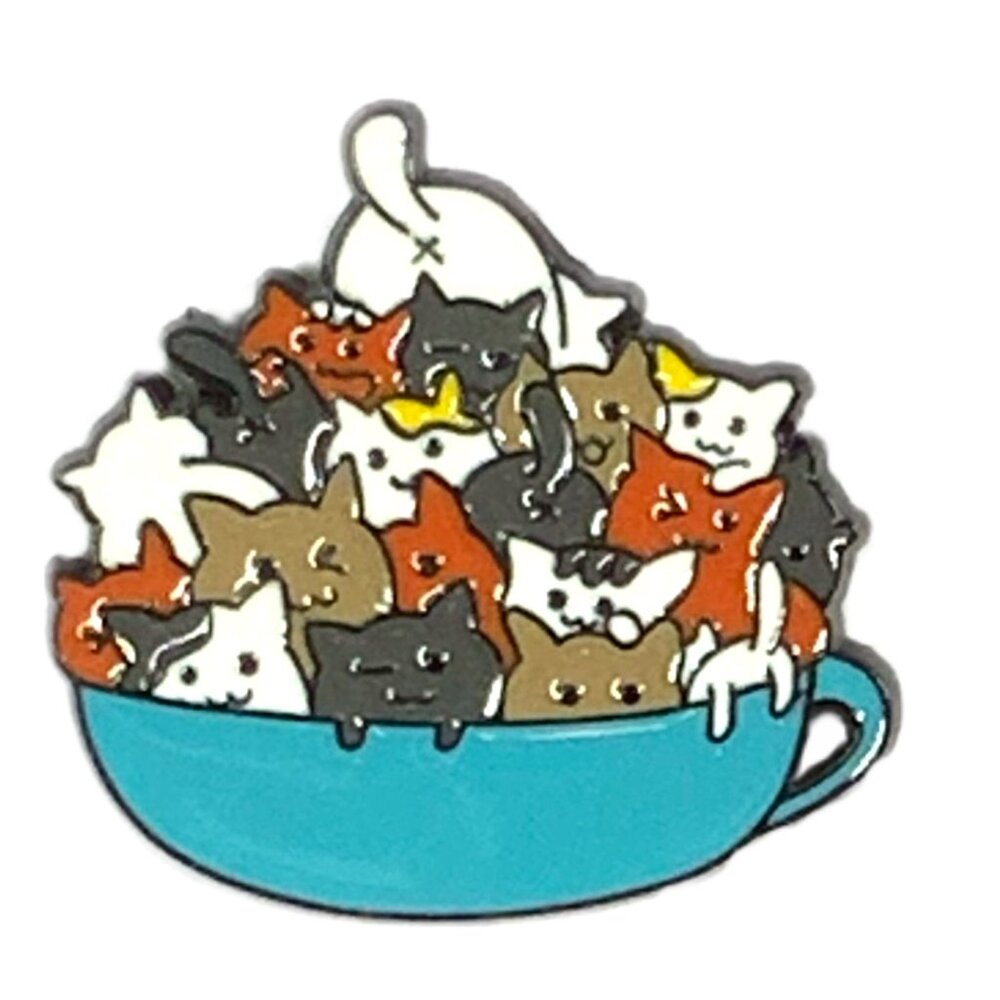 Whimsical Cats In a Cup Cat Kitten Pile Coffee Tea Cup Enamel Pin Brooch NWOT